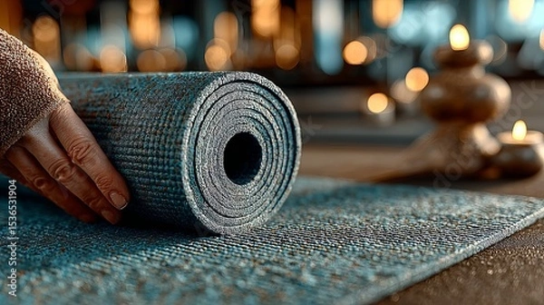 Fototapeta Closeup of womans hands rolling yoga mat on gym floor Fitness preparation at sport club exercise start concept with calm setting