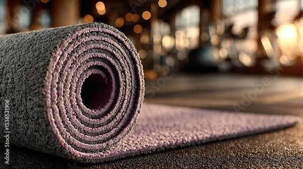 Fototapeta Closeup of womans hands rolling yoga mat on gym floor Fitness preparation at sport club exercise start concept with calm setting