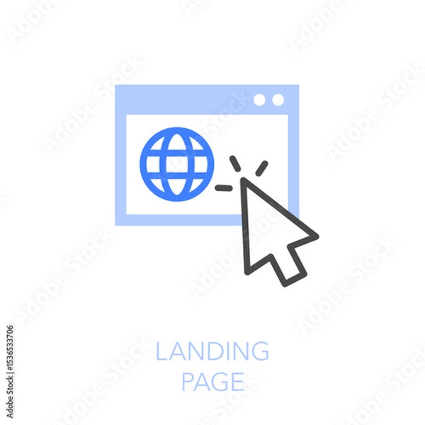 Fototapeta Simple visualised landing page icon symbol with a web browser and a clicking mouse cursor.