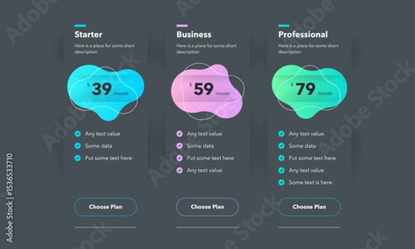 Fototapeta Pricing table design with three colorful subscription plans - dark version. Flat infographic design template for website or presentation.