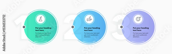 Fototapeta Infographic label design template with three options or steps. Flat circular process diagram with numbers and icons for workflow layout, presentation or web design.