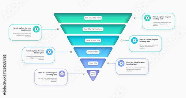 Fototapeta Modern funnel chart template with 6 colorful sections. Creative diagram divided into six parts with numbers and place for your content.