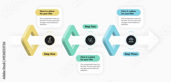 Fototapeta Horizontal process flow diagram with three steps. Flat presentation template with an arrow and minimalistic icons for data visualization.