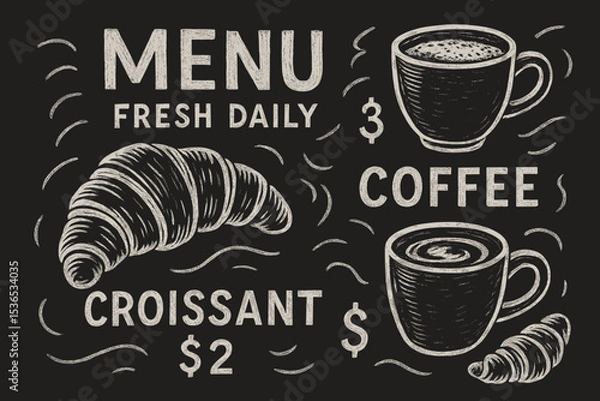 Fototapeta Chalkboard Cafe Menu. Vector illustration of chalkboard menu with hand-drawn croissants, coffee cups, prices, and “fresh daily”
