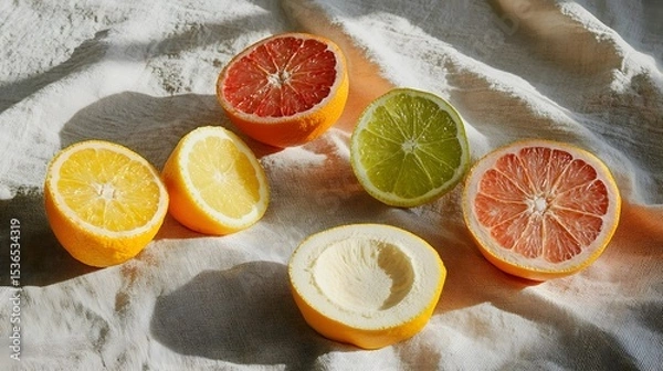 Fototapeta A vibrant still life featuring fresh, sliced, and whole citrus fruits like grapefruit, lemon, and oranges, arranged on a textured fabric