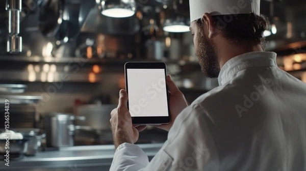 Obraz Chef using blank tablet in kitchen