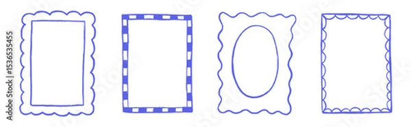 Fototapeta Wavy edge and checkerboard frame box vector illustration isolated on white. Squiggle curve doodle rectangle and oval sketch.	
