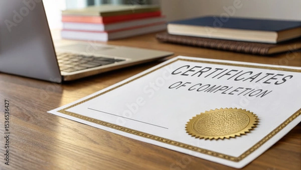 Obraz Online learning certification program concept. Certificate of completion on a desk with a laptop and books.