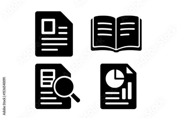 Fototapeta Research Icon Set. Solid style icons of reading and research: document file, article preview, book tab, report card. Solid style