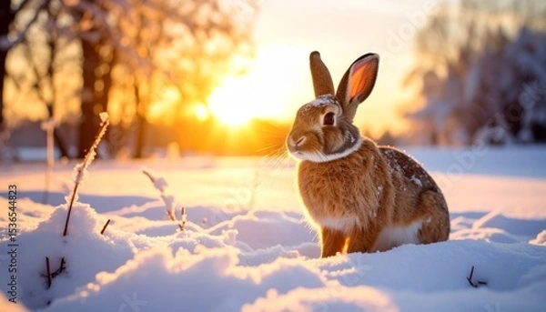 Fototapeta A cute wild brown fluffy rabbit with long ears in the snow
