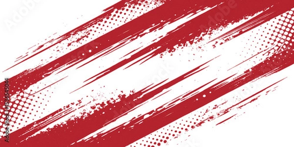 Obraz Red and white abstract background with diagonal stripes and halftone dot patterns.