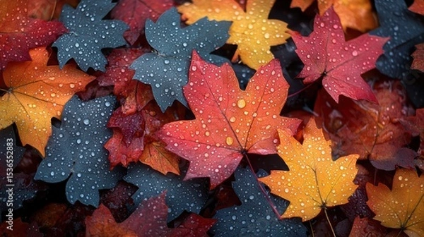 Fototapeta Colorful autumnal leaves covered in raindrops creating a vibrant seasonal palette and a moody atmosphere