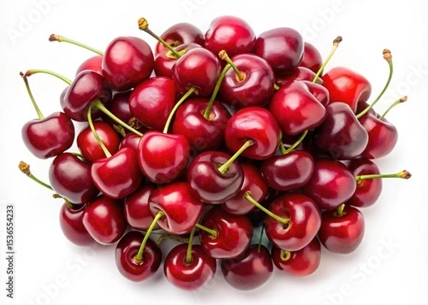 Fototapeta A pile of ripe red cherries on a white background with stems