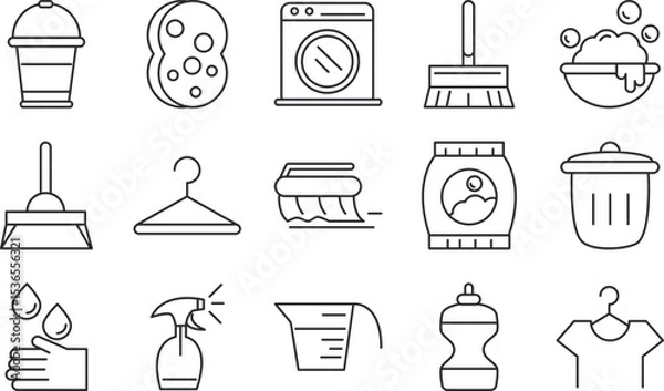 Obraz Cleaning Supplies and Laundry Icons A Comprehensive Set of Line Art Graphics for Your Projects