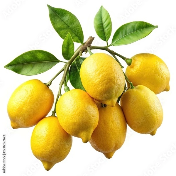 Fototapeta A Vibrant Cluster of Fresh Lemons Still on the Branch with Leaves