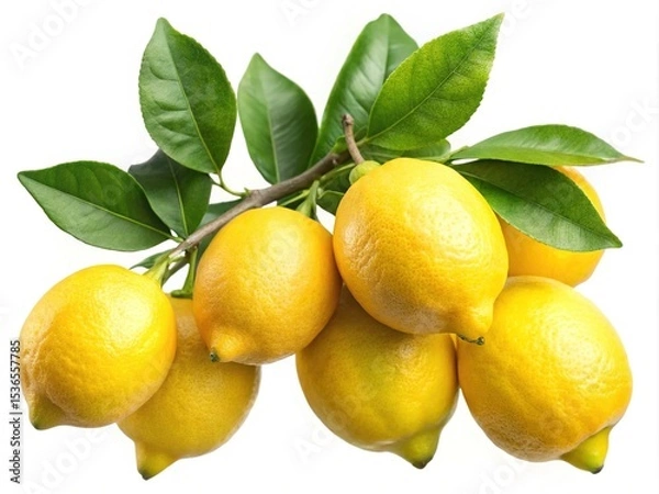 Fototapeta A vibrant cluster of fresh yellow lemons still attached to the branch