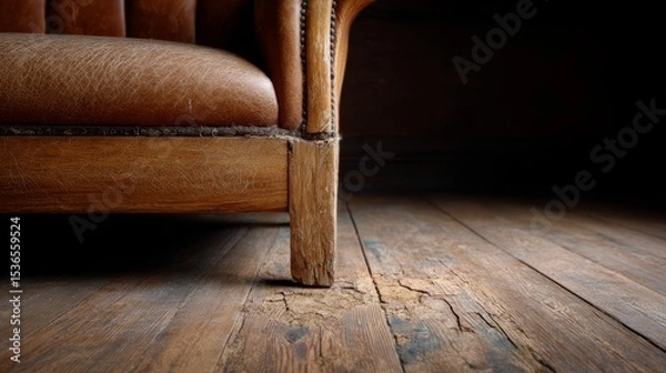 Fototapeta Torn Leather Sofa with Visible Rips and Rustic Wooden Legs in a Dimly Lit Interior Space