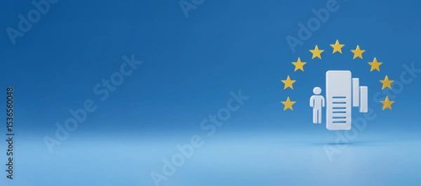 Fototapeta EU Airport Boarding Icon with Golden Stars on Blue Background, Unified Airspace Concept