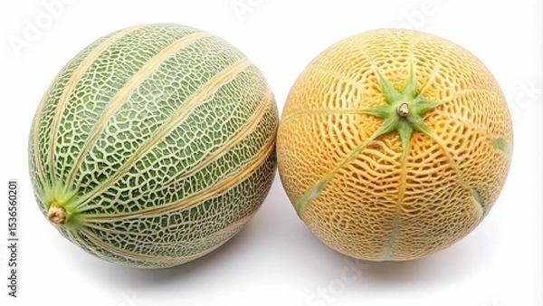 Fototapeta Two vibrant cantaloupes sit side by side on a clean white background
