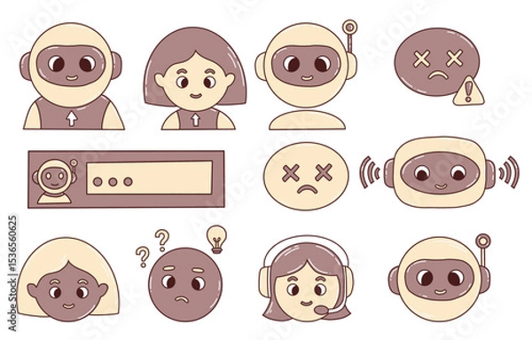 Obraz Chatbot, faces, virtual assistant and Human Emotion Icons for AI Interface. Vector icon set showing expressions, tech support, password security. Isolated hand drawing symbols for AI and UX design