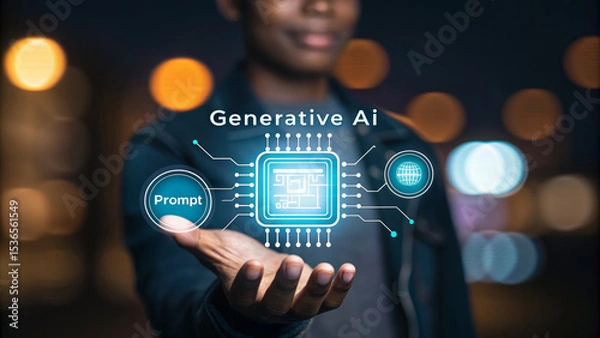 Fototapeta AI customer support for ecommerce concept. A person showcasing generative AI technology in a digital interface. AI for customer service.