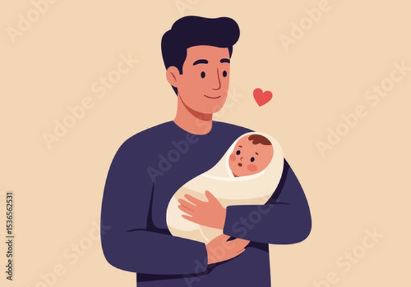 Fototapeta A darkhaired man holding a swaddled baby with a small red heart floating nearby