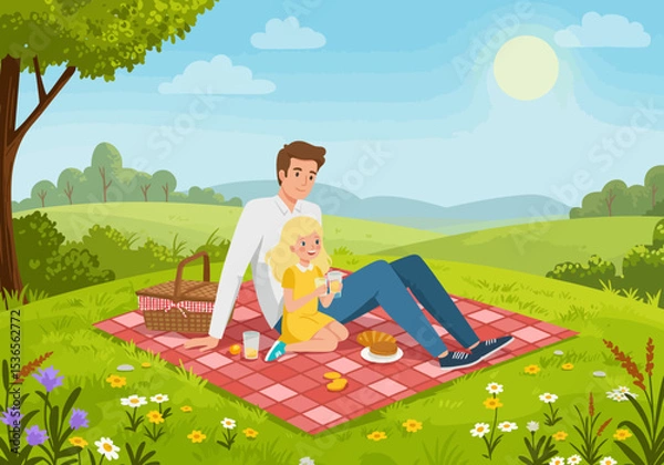 Fototapeta Cartoonstyle image depicting a father and daughter enjoying a picnic in a vibrant sunny landscape
