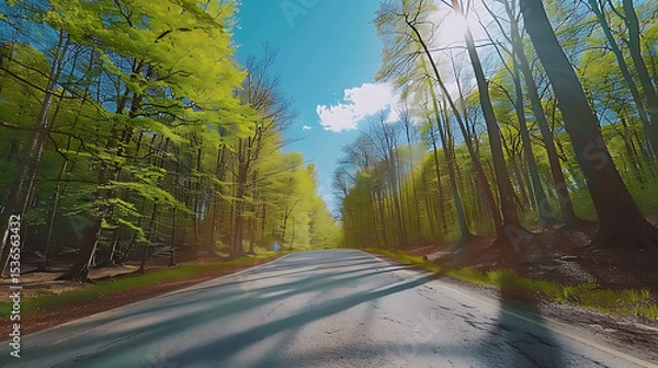 Obraz Serene Sunlit Forest Paths: Morning Light Filtering Through Lush Canopies