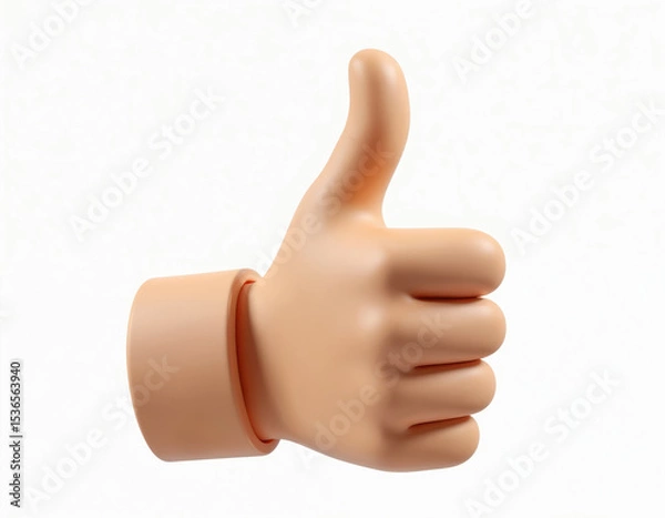 Fototapeta 3D rendered thumbs up hand gesture on white background. Positive feedback symbol. Approval, agreement, success concept. Optimistic, excellent illustration for presentations, web design, social media,
