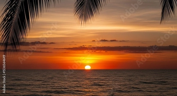 Obraz Serene Sunset Over Ocean with Palm Leaves