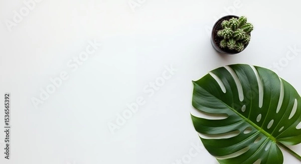 Obraz Minimalist Monstera Leaf and Cactus on White