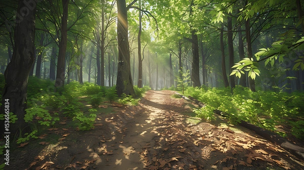 Obraz Serene Sunlit Forest Paths: Morning Light Filtering Through Lush Canopies