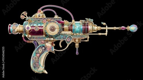 Fototapeta Magic Gun designed, made of golden, copper, Cystal and filled with magic power, style fantasy game design, high-resolution, detailed product photography, vibrant colors, studio lighting.