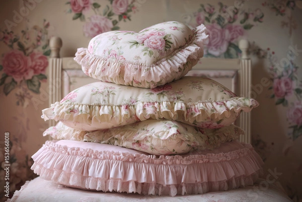 Fototapeta Rococo revival floral ruffled pillows in pastel interior
A stack of vintage-inspired pillows in soft pink tones, featuring delicate floral prints and ruffled edges.  