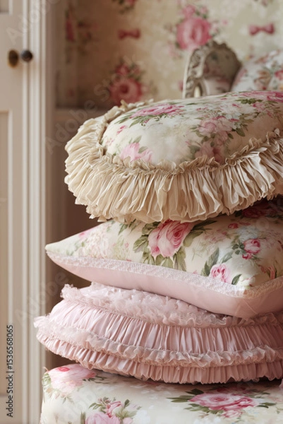 Fototapeta Rococo revival floral ruffled pillows in pastel interior
A stack of vintage-inspired pillows in soft pink tones, featuring delicate floral prints and ruffled edges.  
