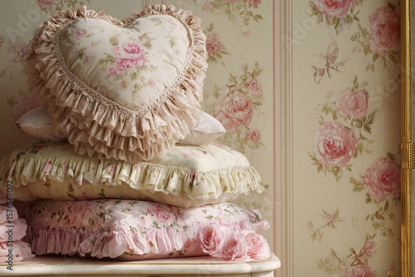 Fototapeta Rococo revival floral ruffled pillows in pastel interior
A stack of vintage-inspired pillows in soft pink tones, featuring delicate floral prints and ruffled edges.  
