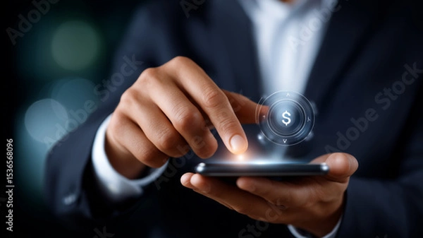 Fototapeta Futuristic Businessman Interacting with Virtual Risk Assessment Interface