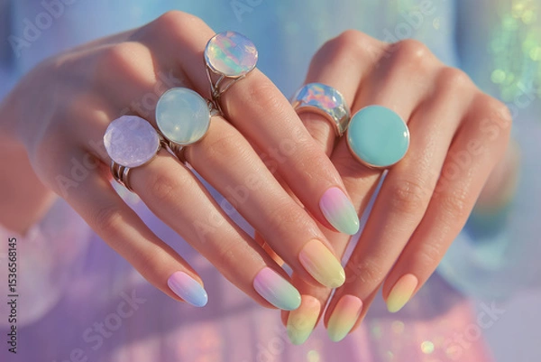 Fototapeta Aura-inspired nail art with bold statement rings on pastel background
A close-up of hands with almond-shaped nails, painted in soft ombré gradients resembling an aura or cosmic energy. 