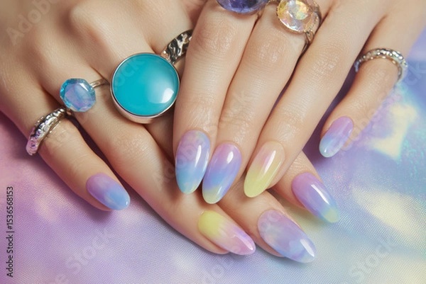 Fototapeta Aura-inspired nail art with bold statement rings on pastel background
A close-up of hands with almond-shaped nails, painted in soft ombré gradients resembling an aura or cosmic energy. 
