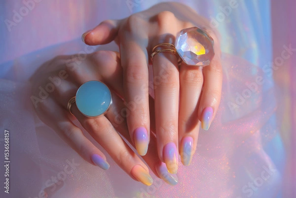 Fototapeta Aura-inspired nail art with bold statement rings on pastel background
A close-up of hands with almond-shaped nails, painted in soft ombré gradients resembling an aura or cosmic energy. 