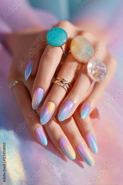 Fototapeta Aura-inspired nail art with bold statement rings on pastel background
A close-up of hands with almond-shaped nails, painted in soft ombré gradients resembling an aura or cosmic energy. 
