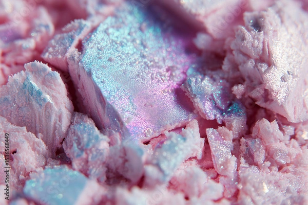 Fototapeta  high-resolution close-up of a crushed duochrome shimmer eyeshadow in ethereal aura style. The main tone is a soft pastel pink with opalescent light-blue sparkle and holographic flecks