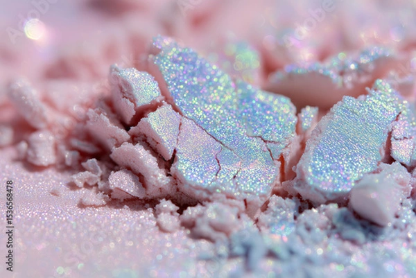 Fototapeta  high-resolution close-up of a crushed duochrome shimmer eyeshadow in ethereal aura style. The main tone is a soft pastel pink with opalescent light-blue sparkle and holographic flecks