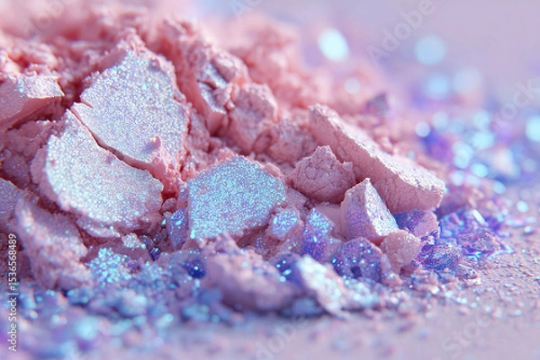 Fototapeta  high-resolution close-up of a crushed duochrome shimmer eyeshadow in ethereal aura style. The main tone is a soft pastel pink with opalescent light-blue sparkle and holographic flecks