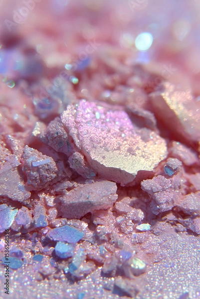 Fototapeta  high-resolution close-up of a crushed duochrome shimmer eyeshadow in ethereal aura style. The main tone is a soft pastel pink with opalescent light-blue sparkle and holographic flecks