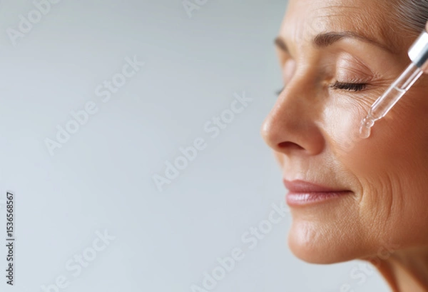 Fototapeta Close-up of a 56 years old woman's face applying transparent serum to her cheek, focus on the serum texture. against a white background, in a studio photography setting. This beauty shot, showcasing