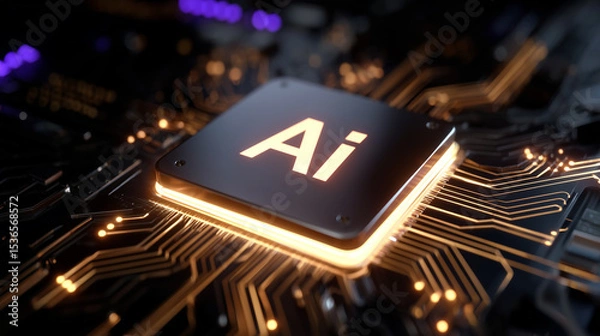 Fototapeta Artificial Intelligence Concept with Processor, Brain Circuits, and Glowing "Ai" Word