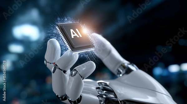 Fototapeta Futuristic Robotic Hand Holding AI Computer Chip on Blue Background - 3D Rendering