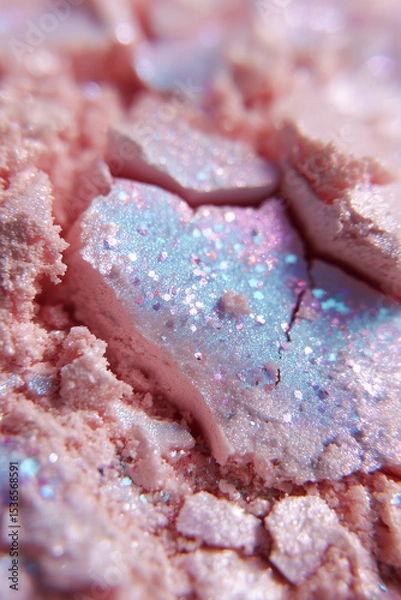 Fototapeta  high-resolution close-up of a crushed duochrome shimmer eyeshadow in ethereal aura style. The main tone is a soft pastel pink with opalescent light-blue sparkle and holographic flecks