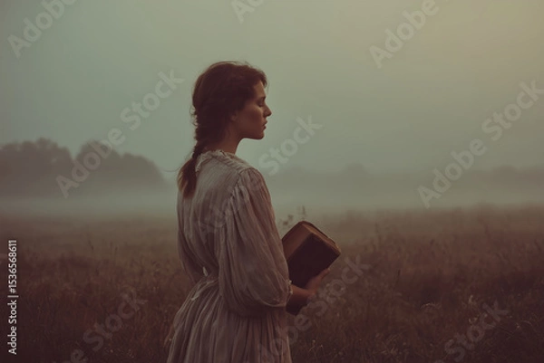 Fototapeta A young woman stands in a quiet field at dawn, her back turned to the viewer. She wears a soft vintage dress with puffed sleeves and a braid down her back. In her hands — a worn book